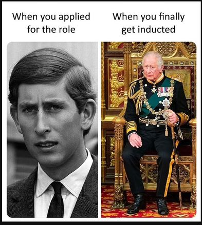 Un meme montrant le prince Charles jeune indiquant 'quand vous postulez à l'emploi', suivi de sa photo âgé lorsqu'il est arrivé sur le trône : 'quand vous êtes enfin embauché'.