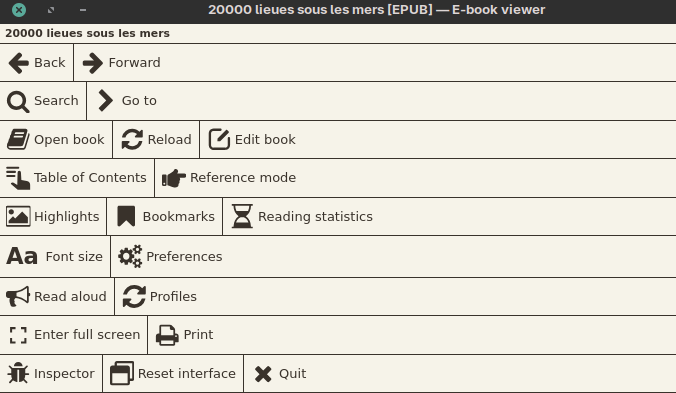 Le clic droit affiche le menu de la liseuse