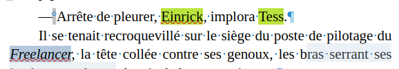Extrait d'une nouvelle avec une mise en valeur des noms propres et du stylage