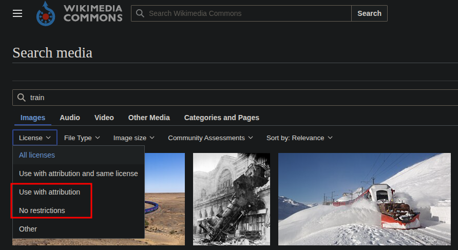 Le moteur de recherche de Wikimedia permet de choisir la licence